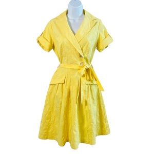 Vintage Yellow Liz Claiborne Embroidered Short Sleeve Belted Wrap Dress Size 6